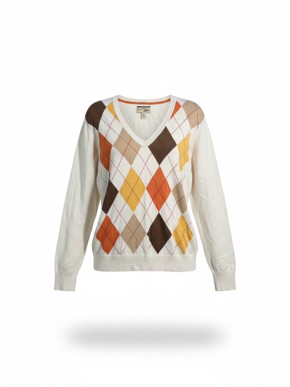 Bass Women's XL Cream V-Neck Argyle Sweater with Brown, Orange & Yellow Diamonds